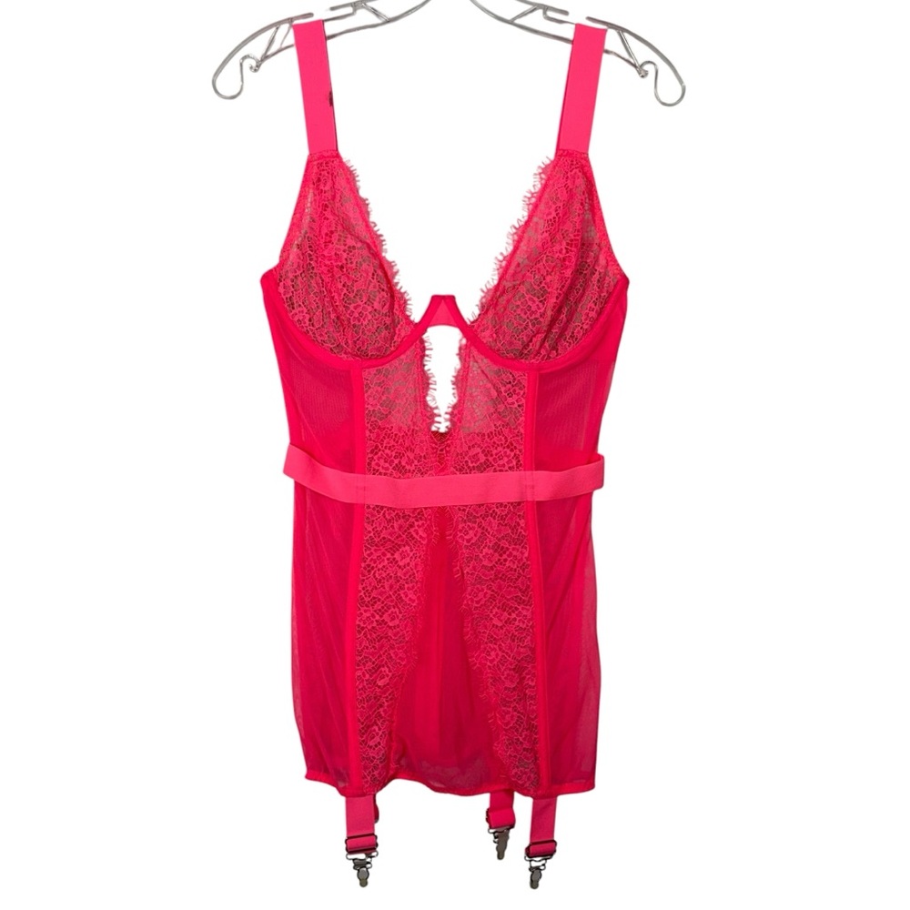 Victoria's Secret Neon Hot Pink Sheer Lace Boned Banded Bodysuit Teddy NWT 36D